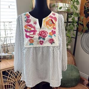 Savanna Jane White Polka Dot Floral Embroidered Long Sleeve Babydoll Top